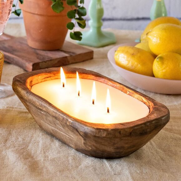 MWC-02 Wooden Dough Bowl Candle 10 Inch, Wooden Dough Bowl Soy Candle, Farmhouse Dough Bowl Candles for Table