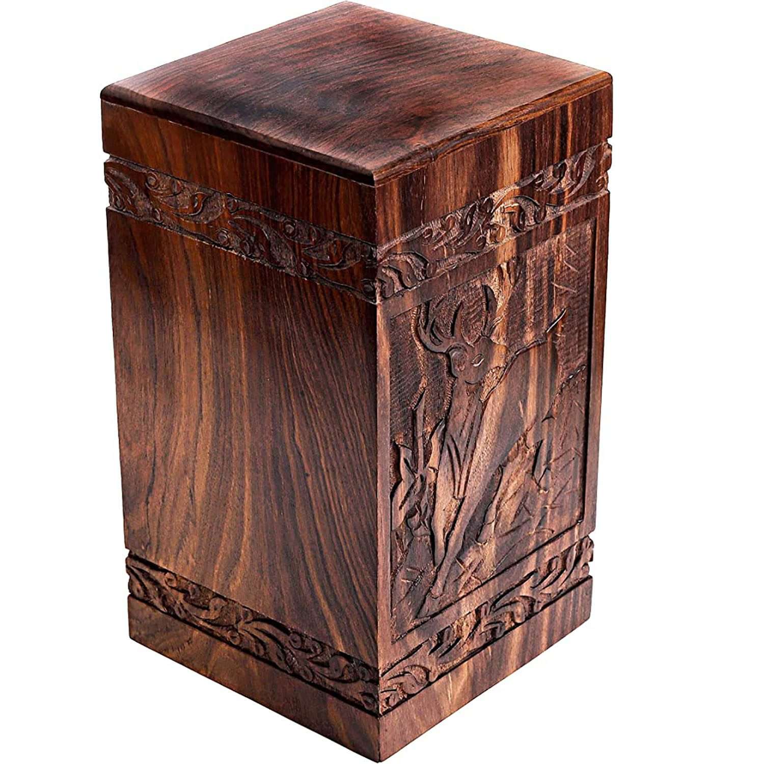 Urn for Human Ashes, Cremation Urn Box with Hand carved floral design, Elegant Wooden Boxes for Urn