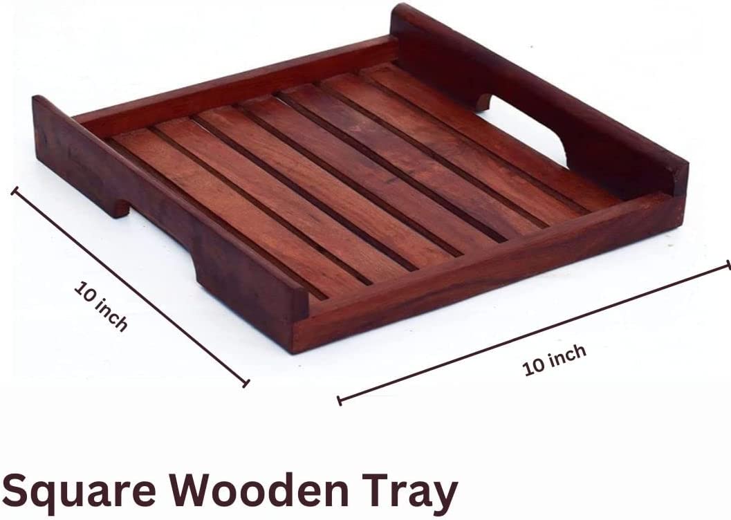 Handcrafted Wooden Serving Tray  | Wooden Square Tray wit Comfy Handles | Natural Wooden Tray
