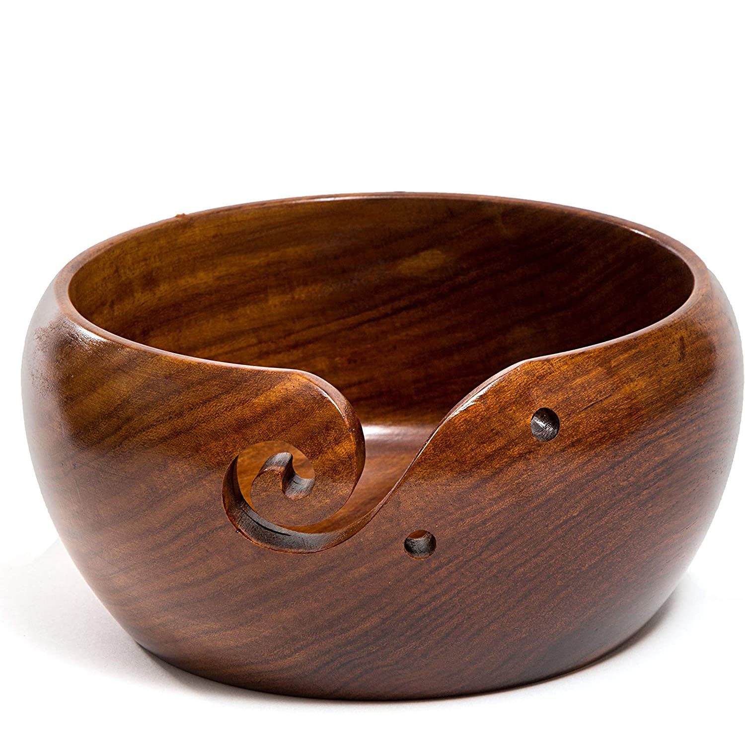  Premium Rosewood Crafted Yarn Storage Bowls with Decorative  Carved Handmade Grills - Knitting & Crochet Accessories Supplies (Set)
