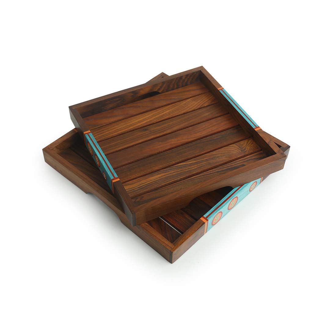 Handcrafted & Handpainted Wooden Nested Serving Tray | Set of 2 Serving Trays for SNacks & Beverages