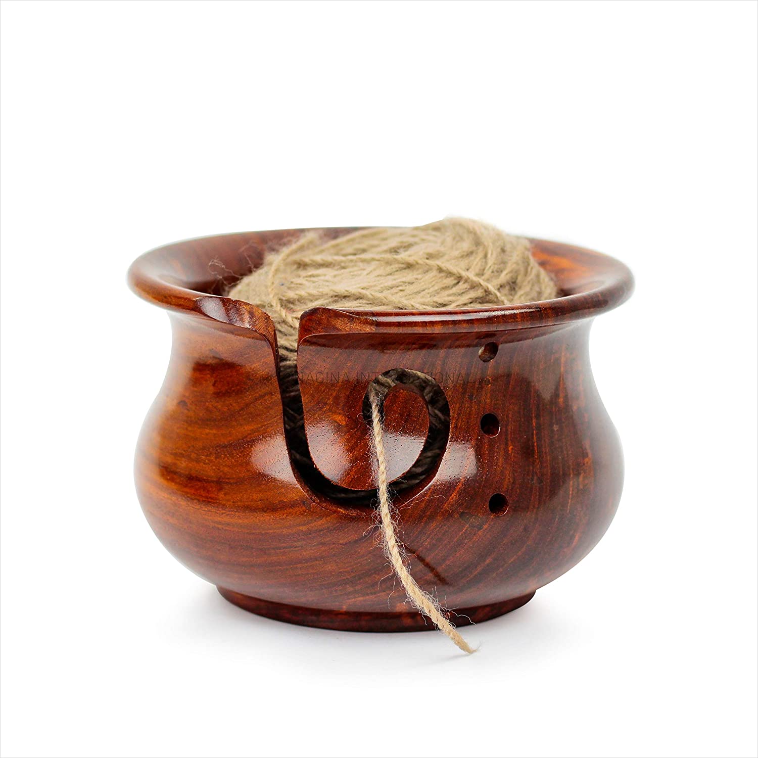 Kitchen Pot Styled Wooden Yarn Bowl with Holes | Premium Knitting Bowl