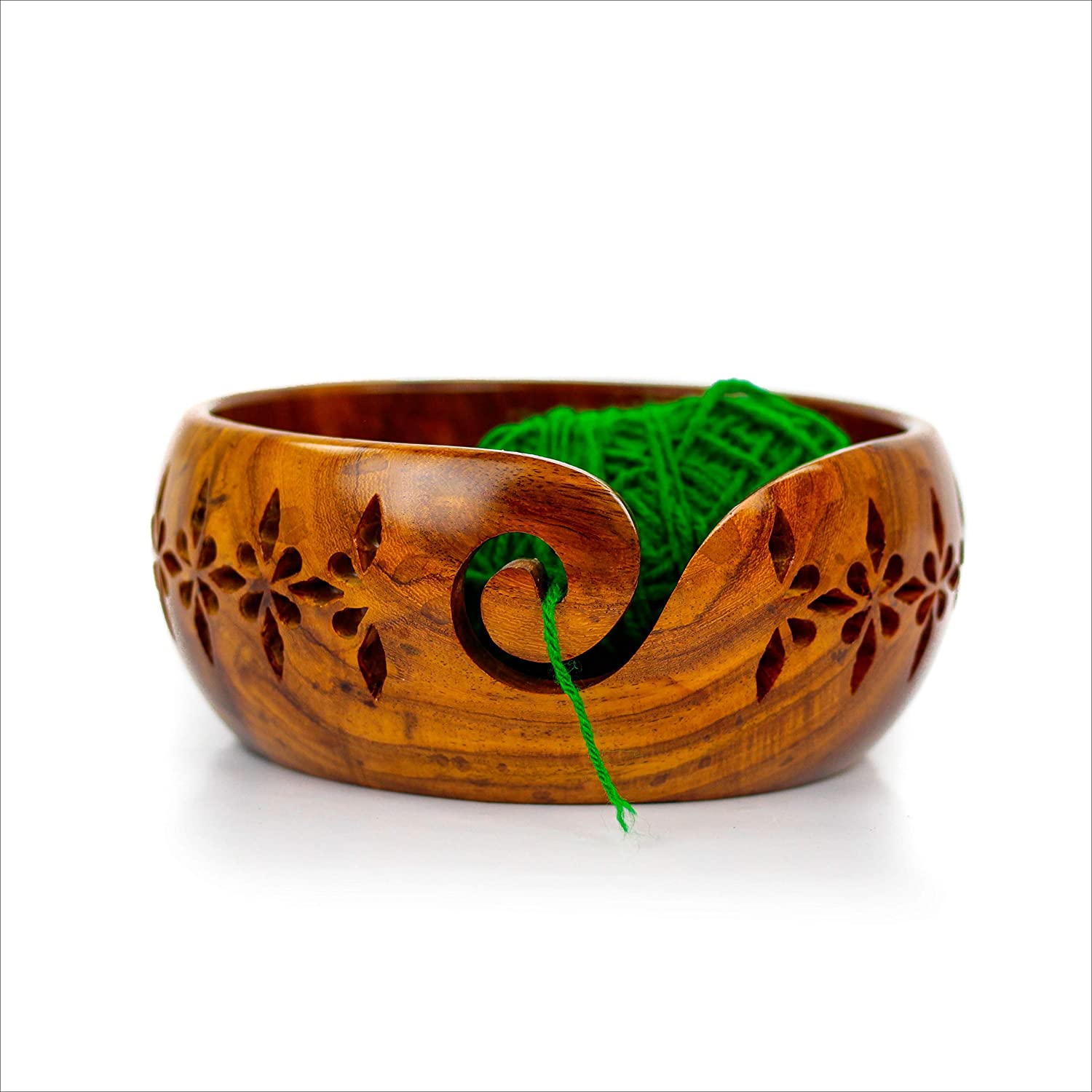 Handcrafted Rosewood Yarn Bowl | Premium Knitting Bowl with Decorative Fancy Carved Drills | Knitting & Crochet Accessories