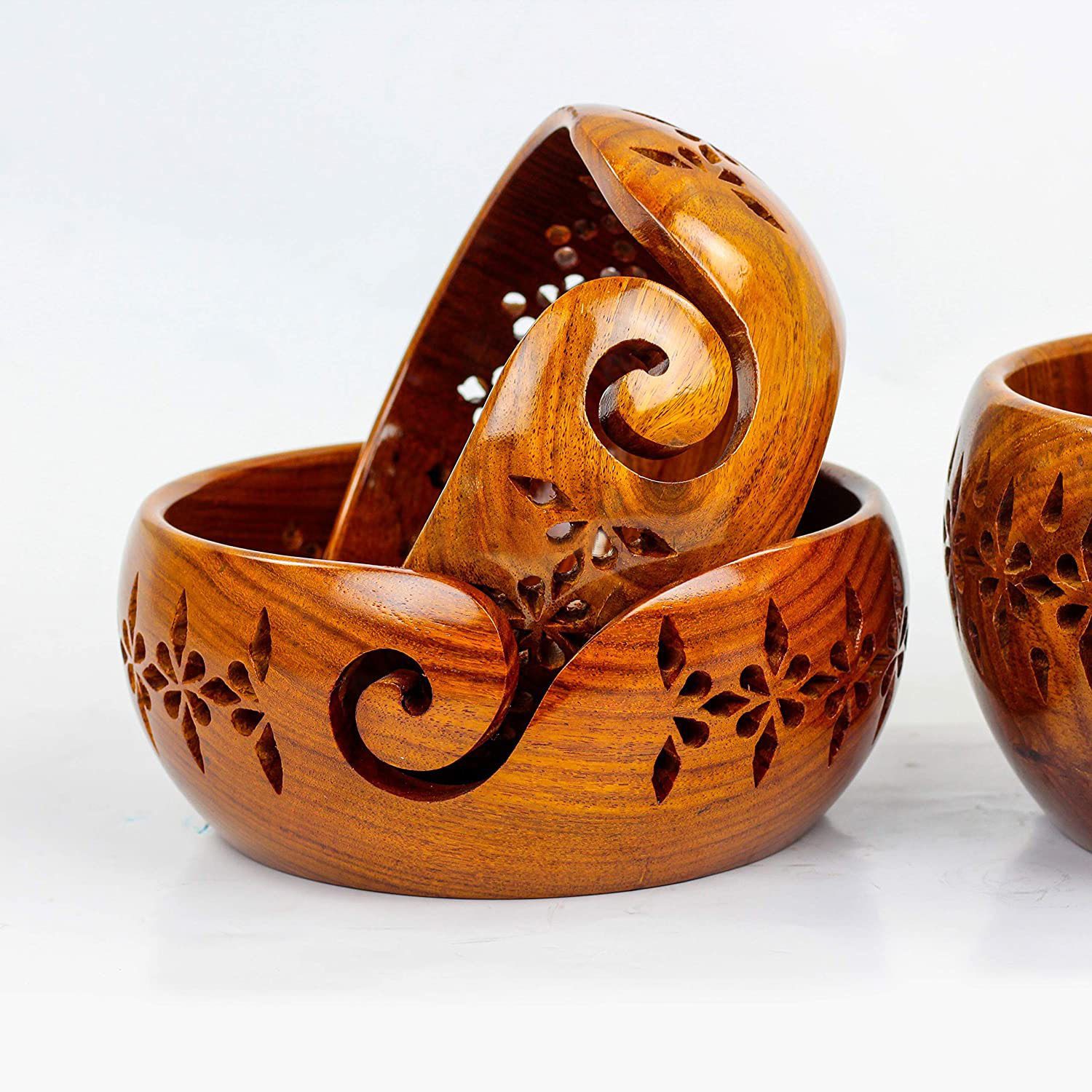 Handmade Rosewood Premium Yarn Bowl with Fancy Carved Grills | Knitting & Crochet Accessories