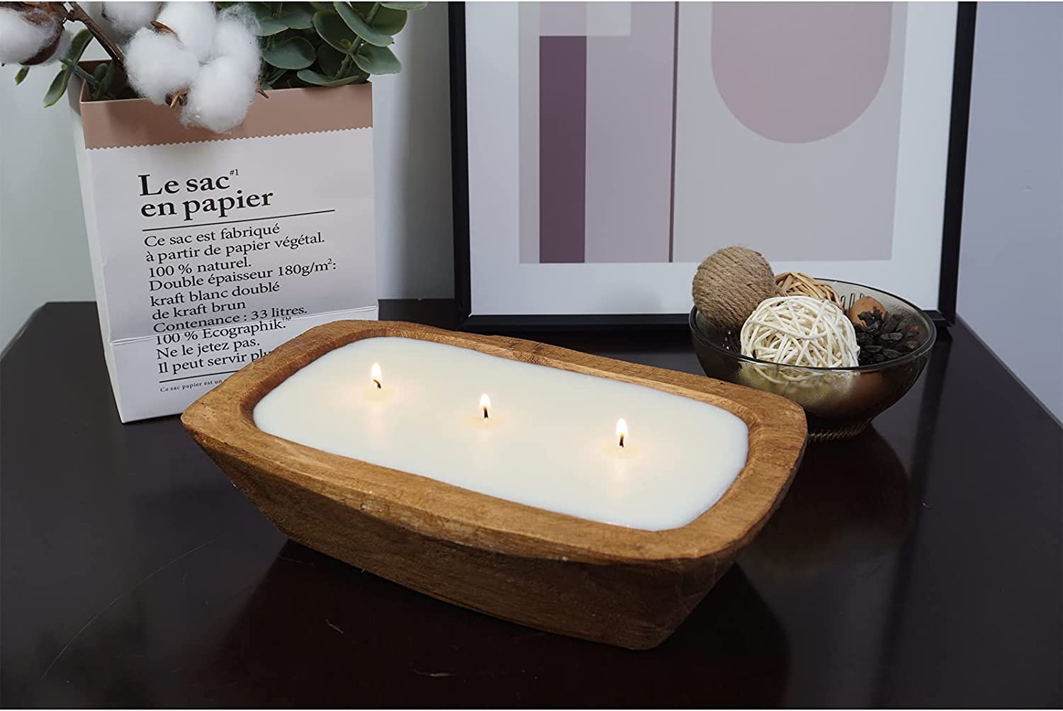 MWC-15 Wooden Dough Bowl Candles(10x6x2in), Candle Boat Wood Empty | 3 Wicks, Soy Candle, Candles for Table, home decor