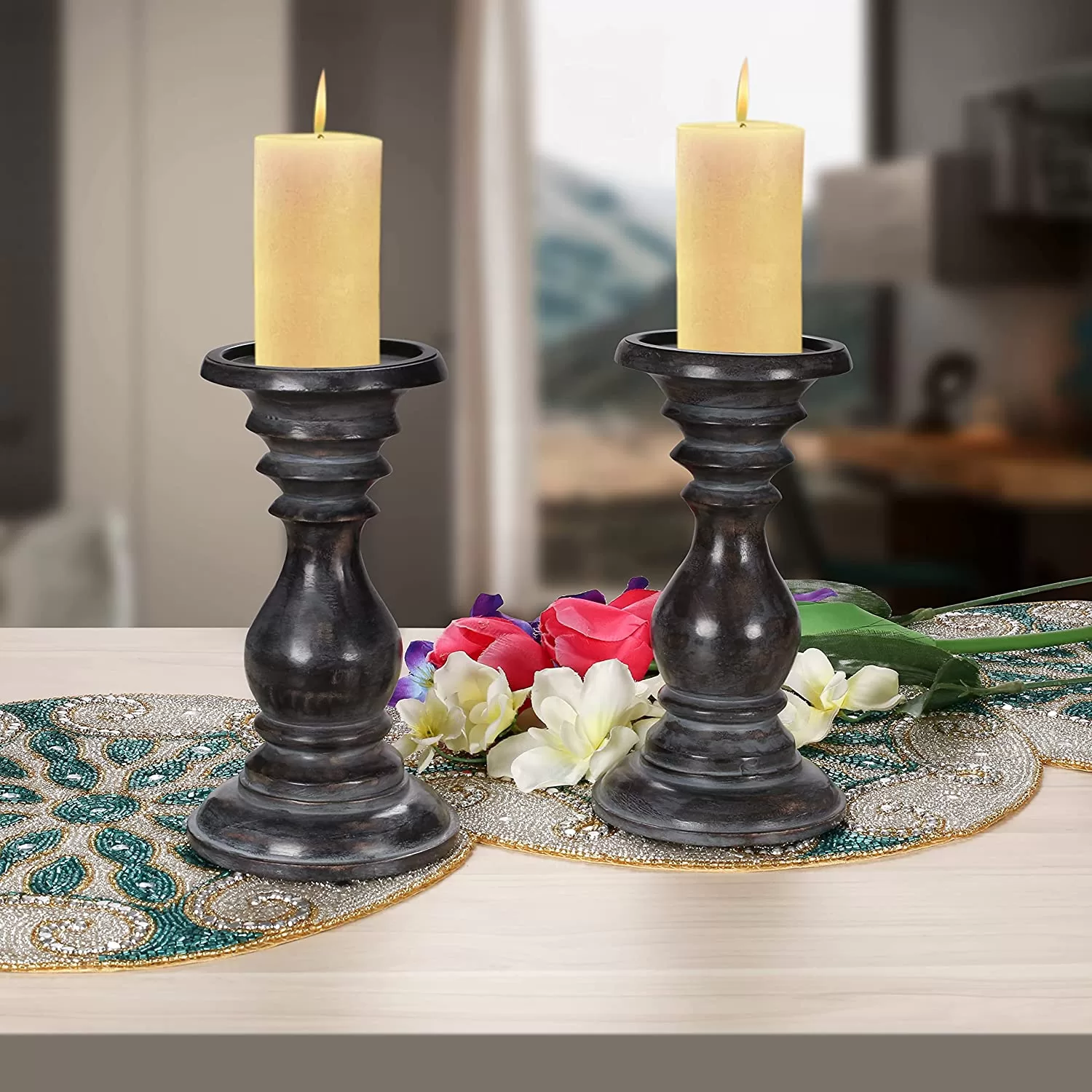 Wooden Pillar Candle Holders Set of 2