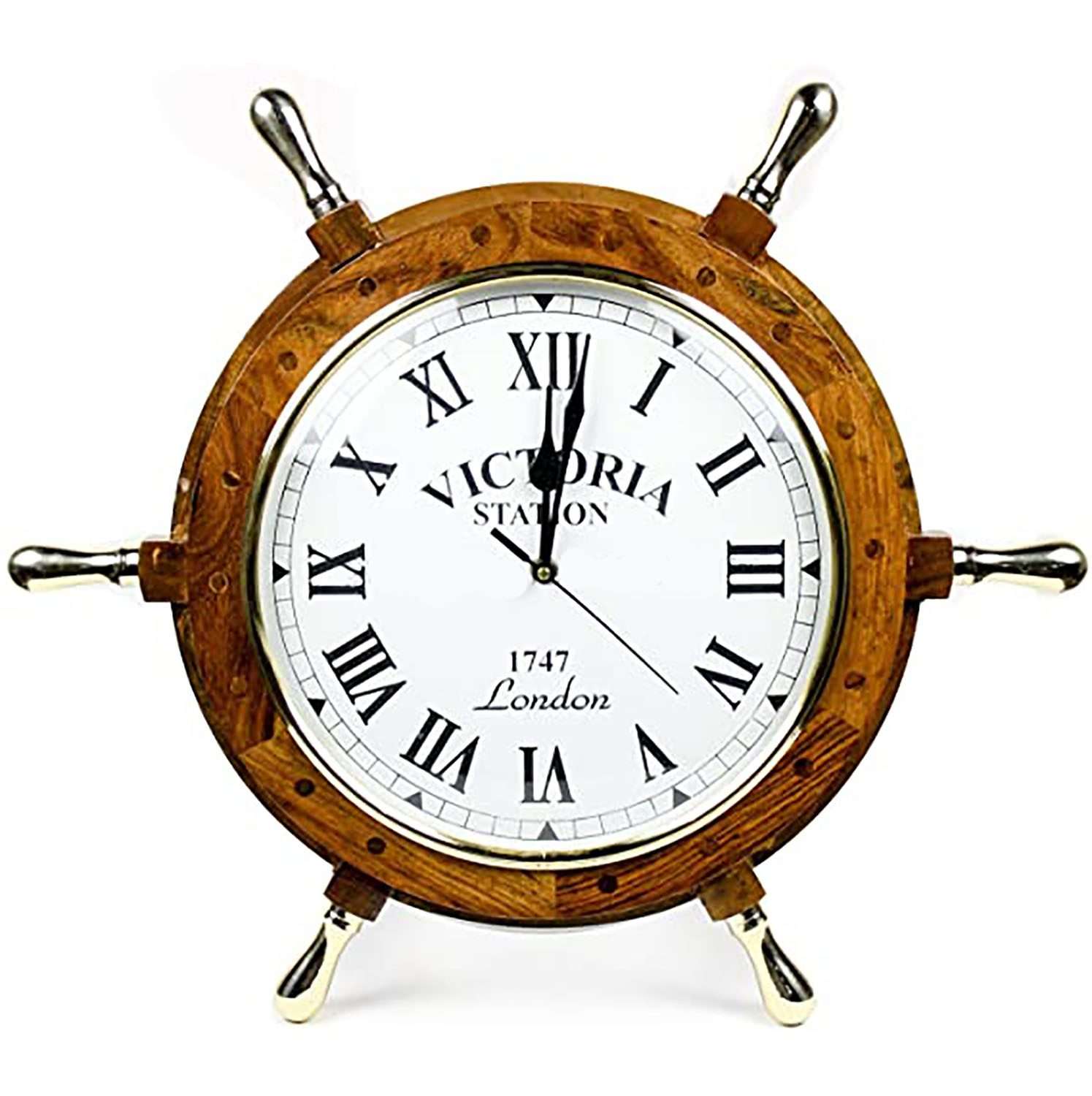 Roman Handcrafted Wooden Nautical Ship Wheel Wall Clock with Solid Brass Handles