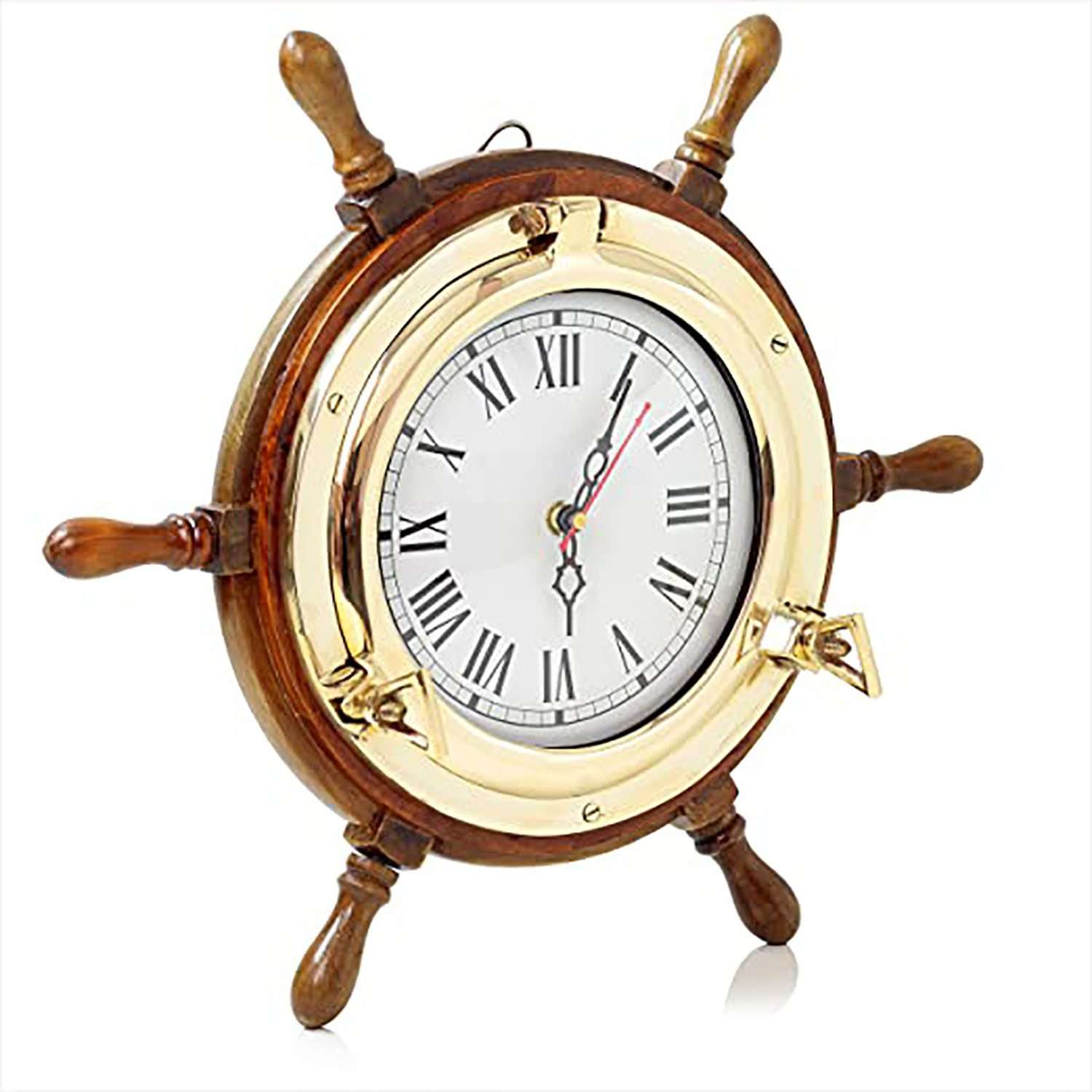 Handcrafted Wooden Ship Wheel Wall Clock | Vintage Brass Frame Wall Clock- Wall Décor