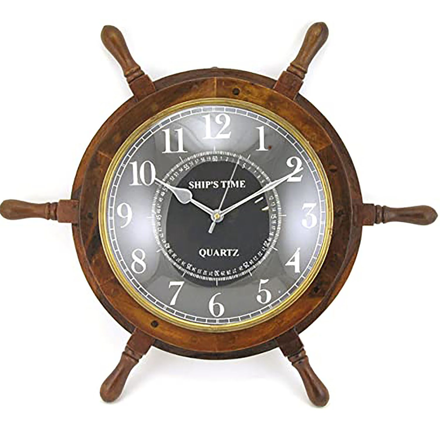 Wooden Ship Wheel Wall Clock with Brass Metal Trim – Rustic Home Décor