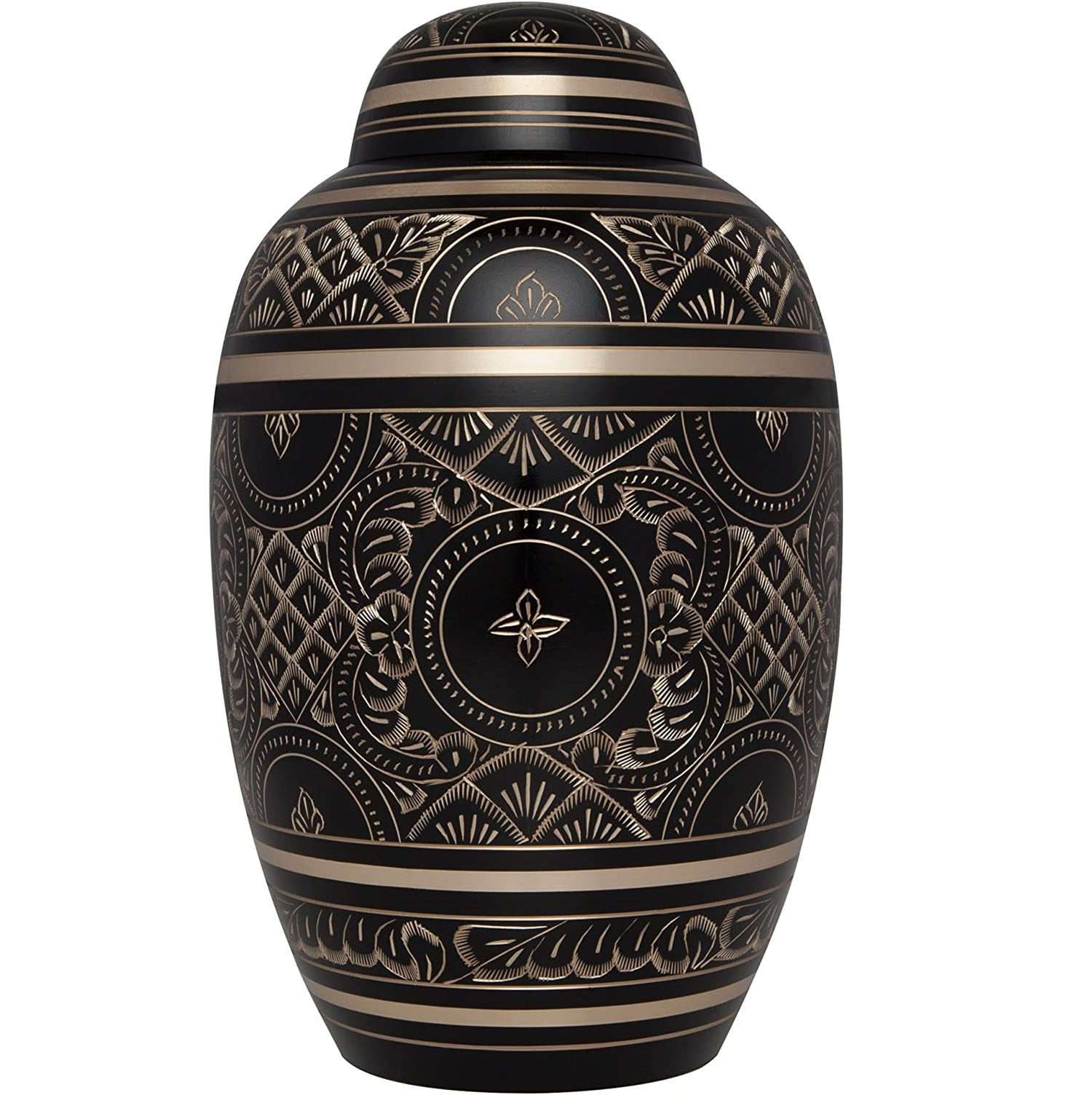 Handcrafted Black Cremation Urn for Human Ashes with Gold Engraving | Brass Cremation Urn