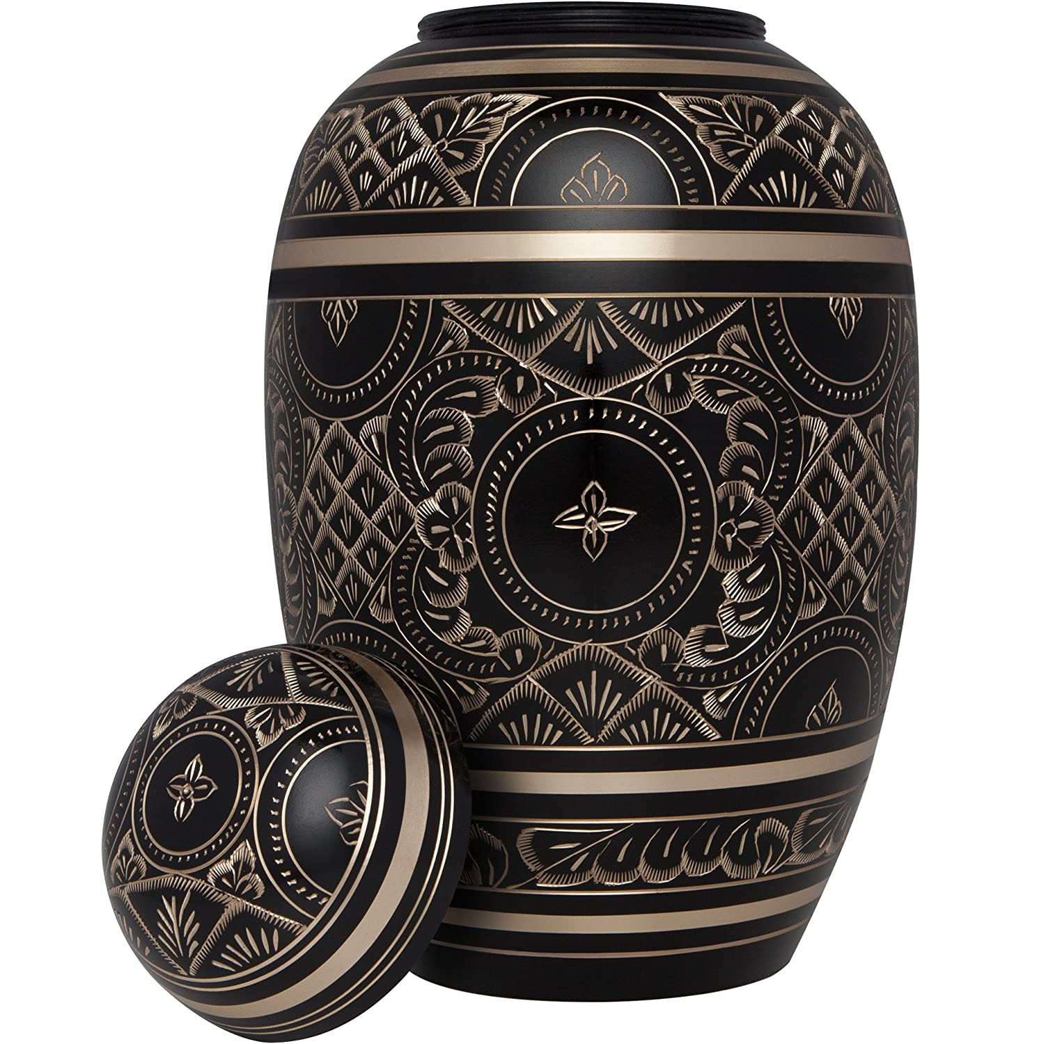 Handcrafted Black Cremation Urn for Human Ashes with Gold Engraving | Brass Cremation Urn