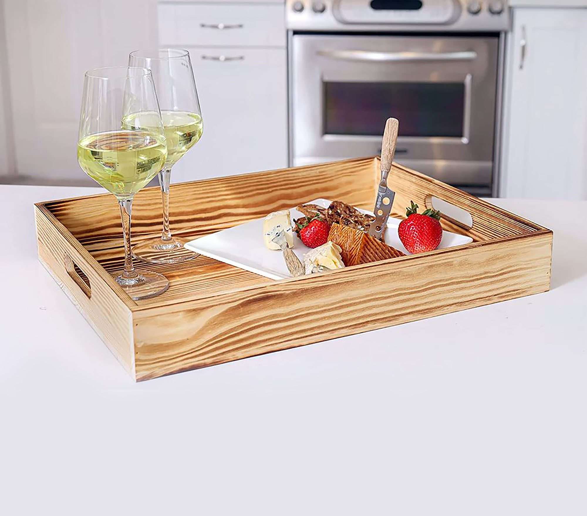 Wooden serving tray for food ,Handcrafted Wood Serving Tray with Handles | Natural Large Serving tray