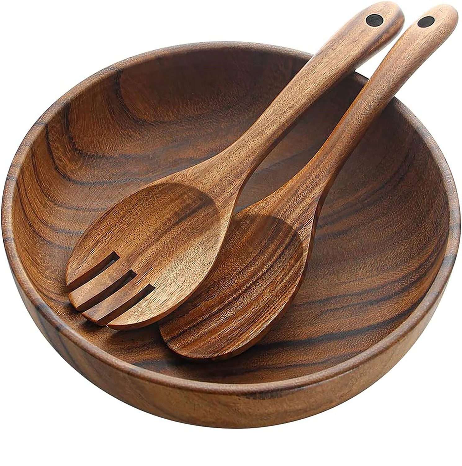 Handcrafted Wooden Salad Bowls| Large Acacia Wood Salad Serving Bowl with Serving Tongs