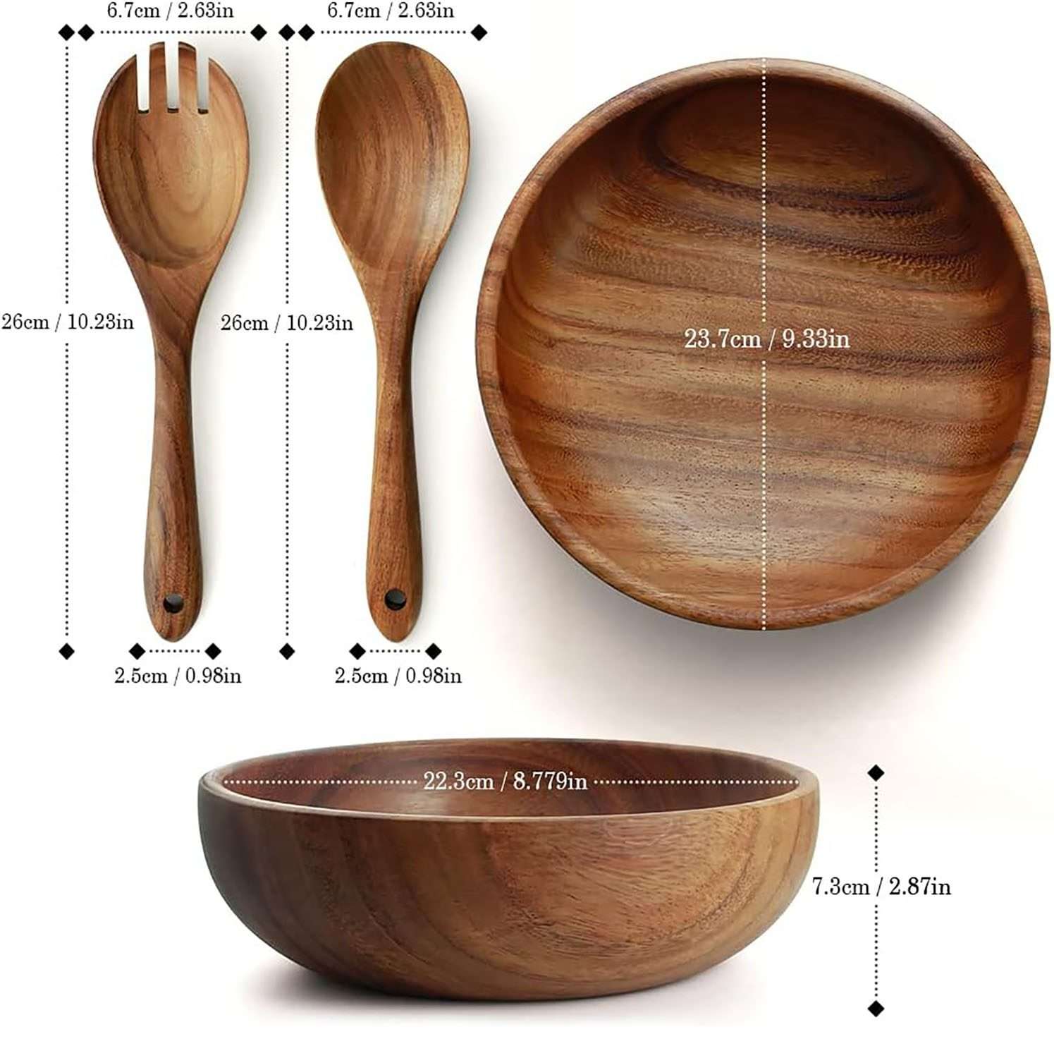 Handcrafted Wooden Salad Bowls| Large Acacia Wood Salad Serving Bowl with Serving Tongs