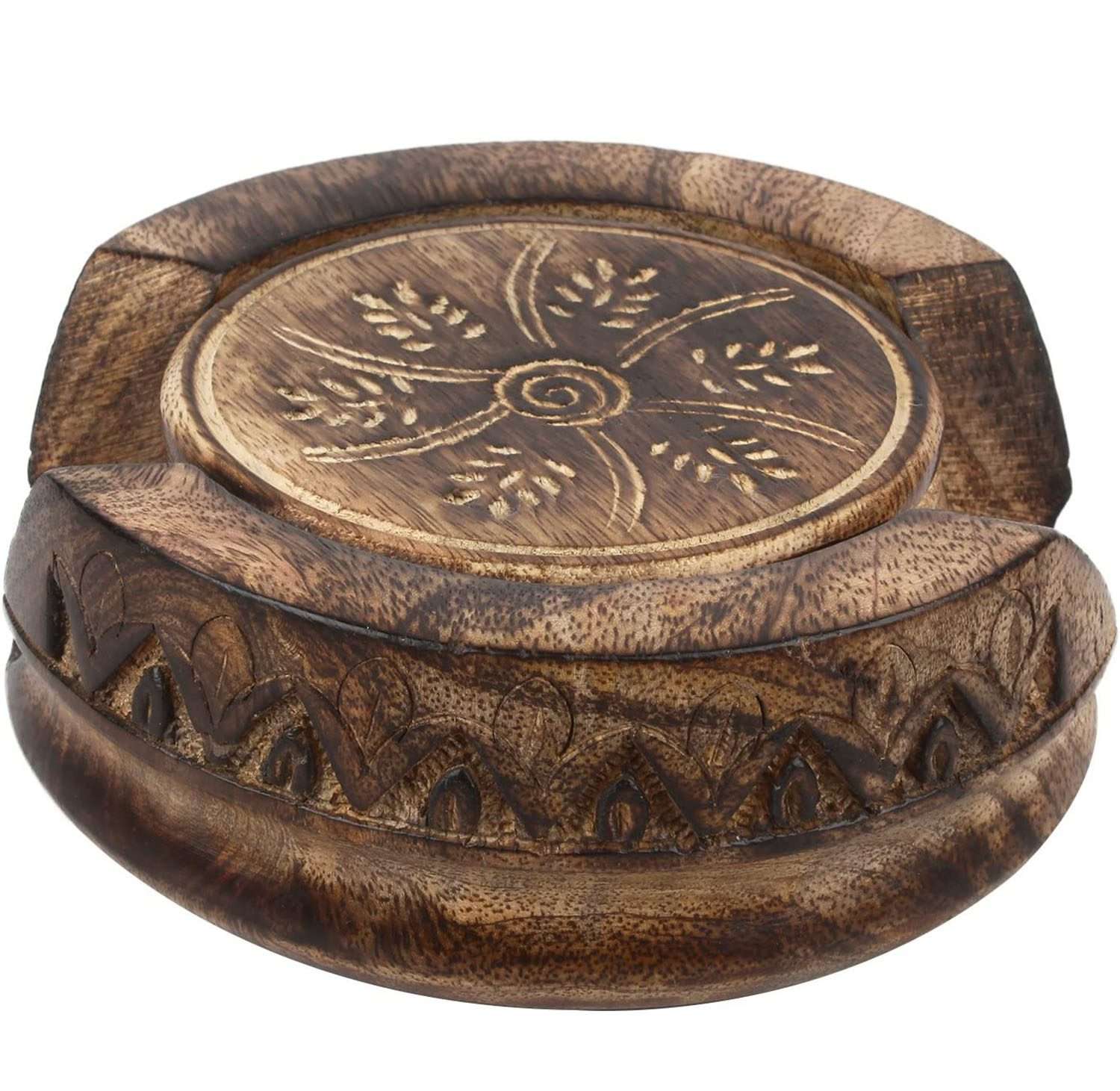 Handcrafted Wood Coaster Set Of 6| Coasters with Hand Carved Design Holder