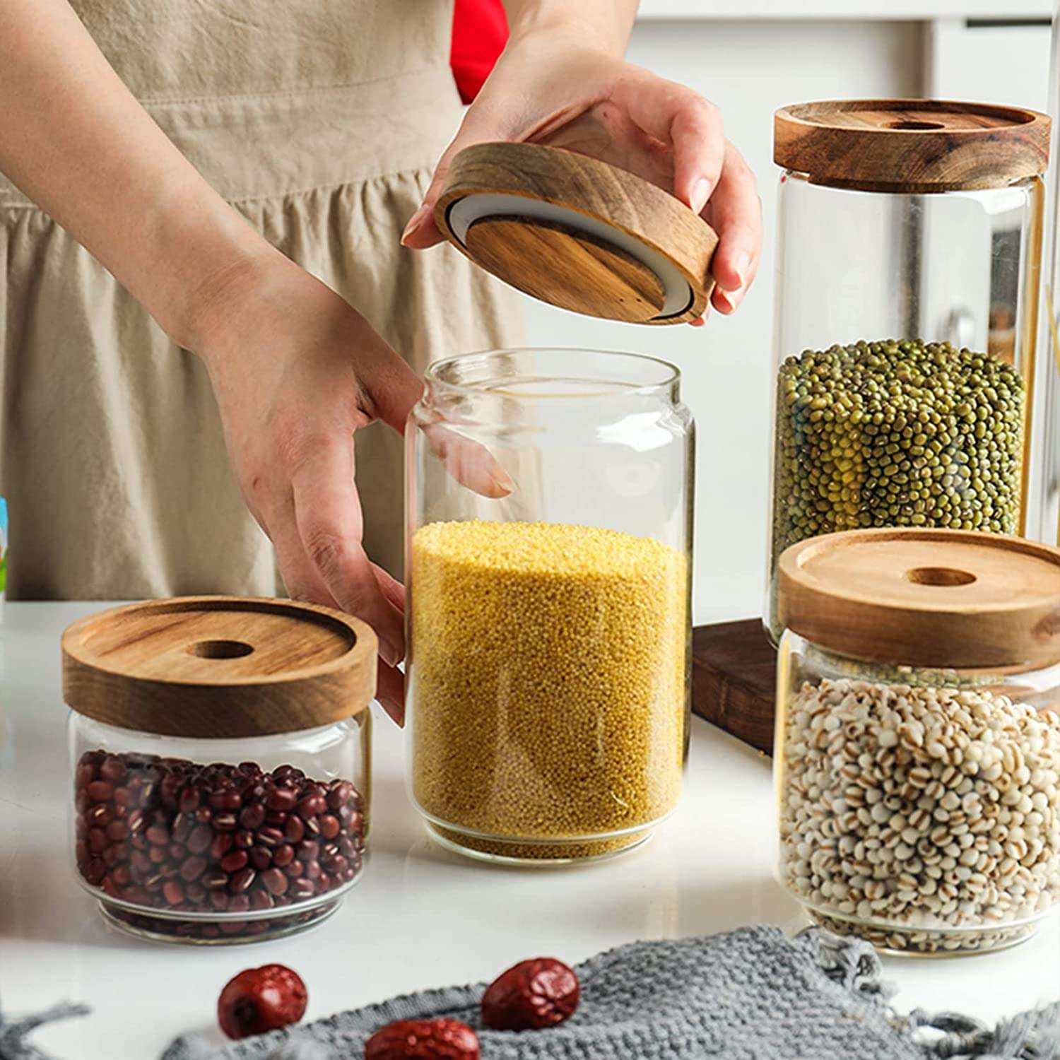 Glass Food Storage Containers Airtight Food Jars with Wooden Lids | Acacia Wood Glass Jars