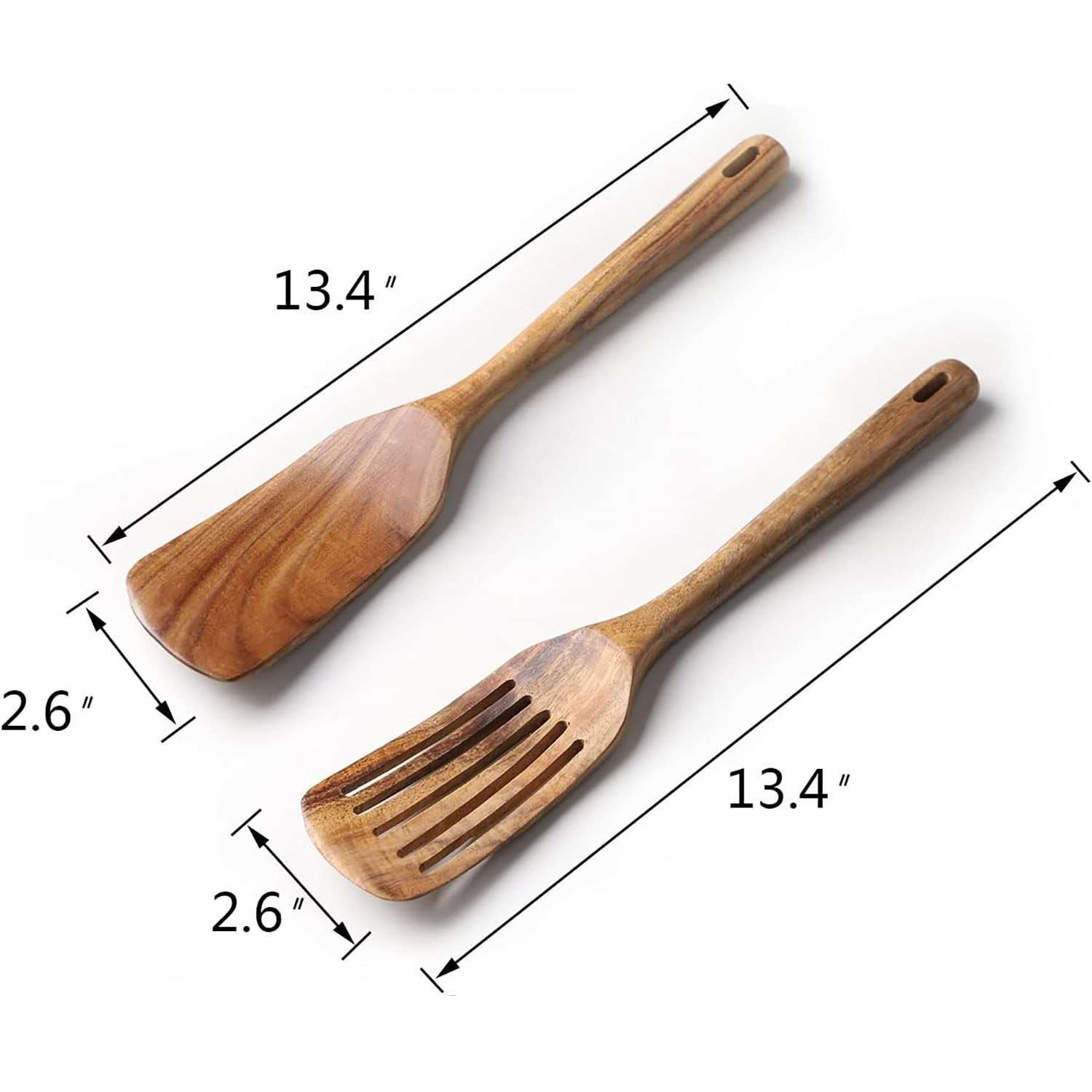 Handcrafted Wooden Spoons | Teak Wood Spatula | Set of 2 | Wooden Long Handle Slotted Turner | Heat Resistant Kitchen Cooking Utensils | Non Stick