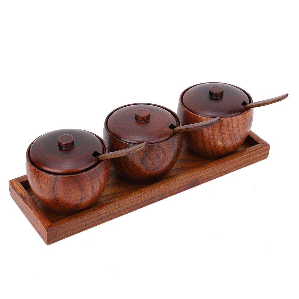 Rustic Rosewood Bowl Set with Tray | 3 Piece Sugar Bowls with Spoons