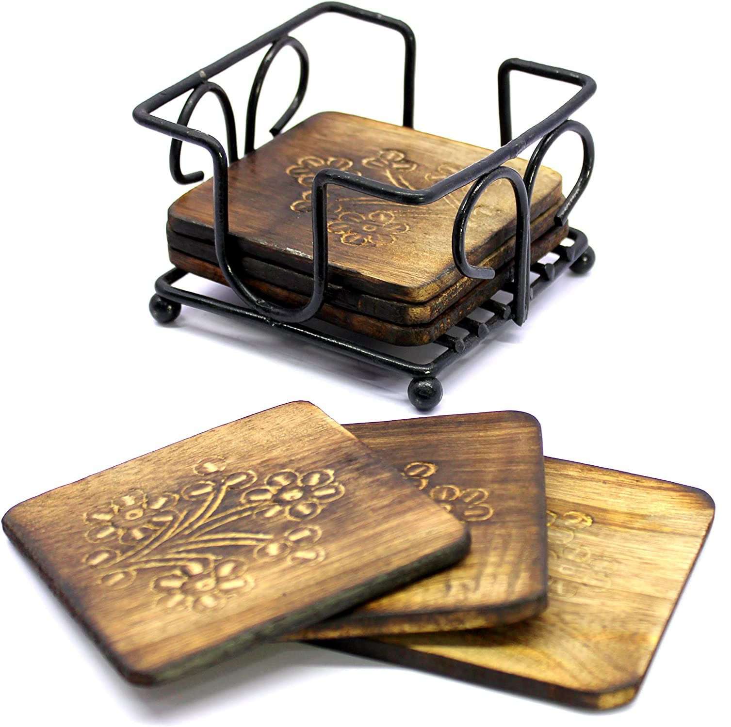 Handcrafted Vintage Wood Coaster | Coaster Set with Wrought Iron Holder, wood coasters bulk