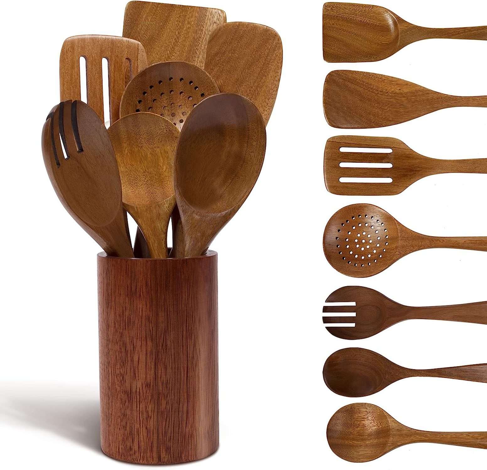 Handcrafted Wooden Spoons | for Cooking-Kitchen utensils set with holder| made with Acacia wood