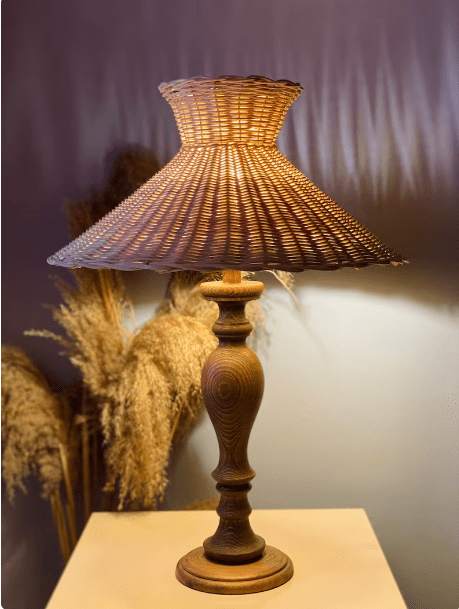 Mid-Century Mediterranean Handicraft Table Lamp | Handmade Rattan Lampshade | Handcrafting Oak Table Lamp Base | Mid-Century Art