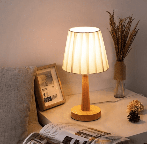 Minimalist Wooden Table Lamp | Rustic Dimmable Bedside Lamp | Vintage Pleated Desk Lamp | Nordic Solid Wood Night Light