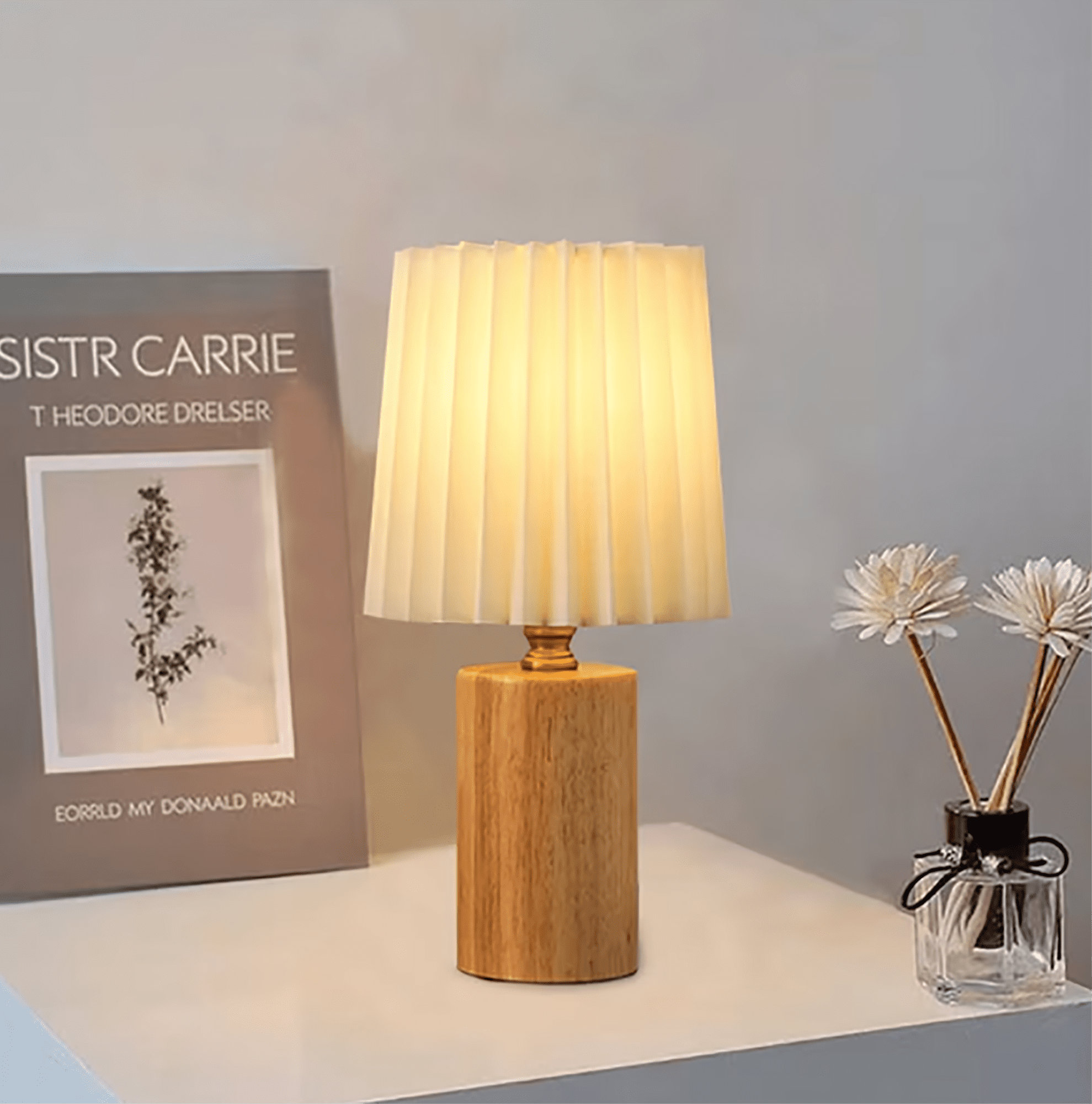 Scandinavia Pleated Wooden Table Lamp | Rustic Bedside Lamp | Vintage Desk Lamp | Nordic Solid Wood Night Light | Minimalist Mushroom Reading Lamp