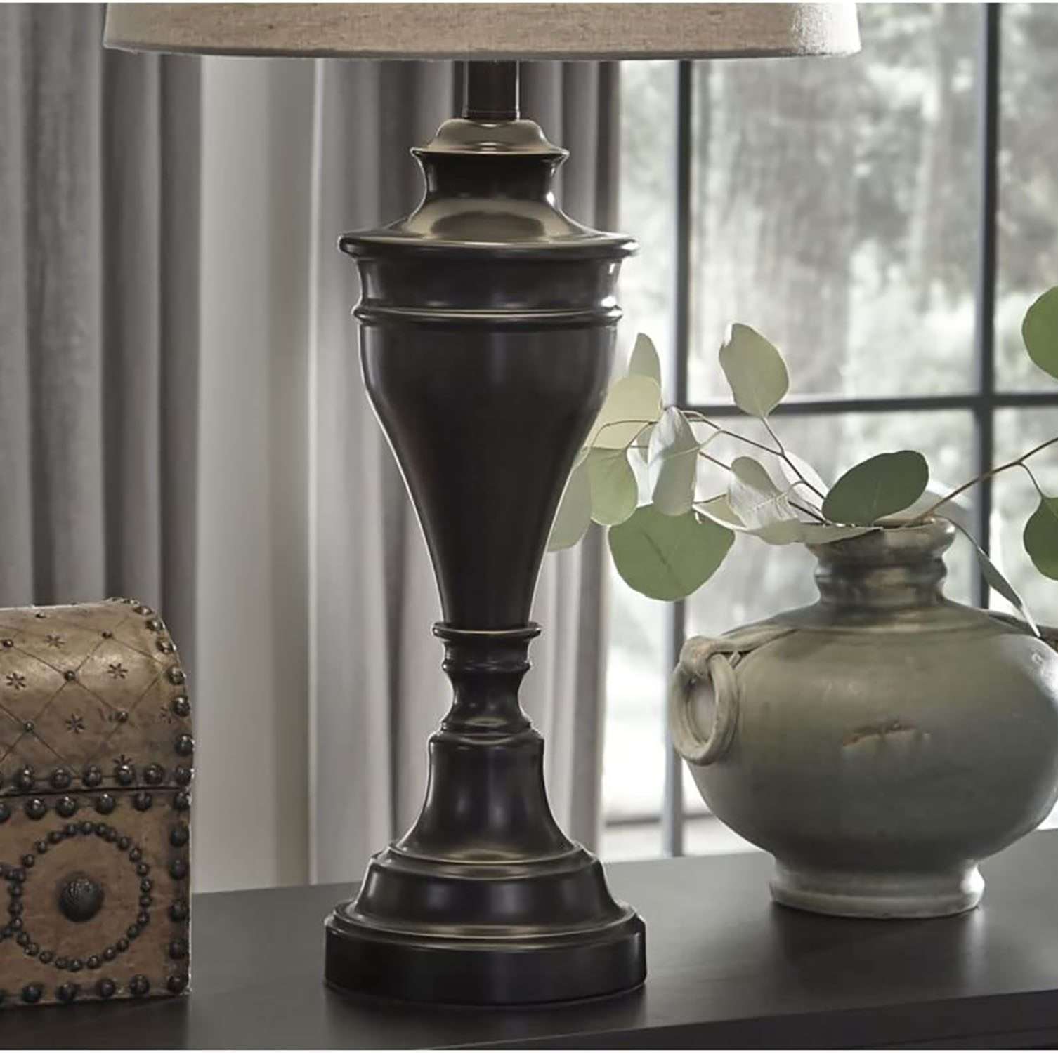 Wooden Table Lamp with Pedestal Base | Dark Brown