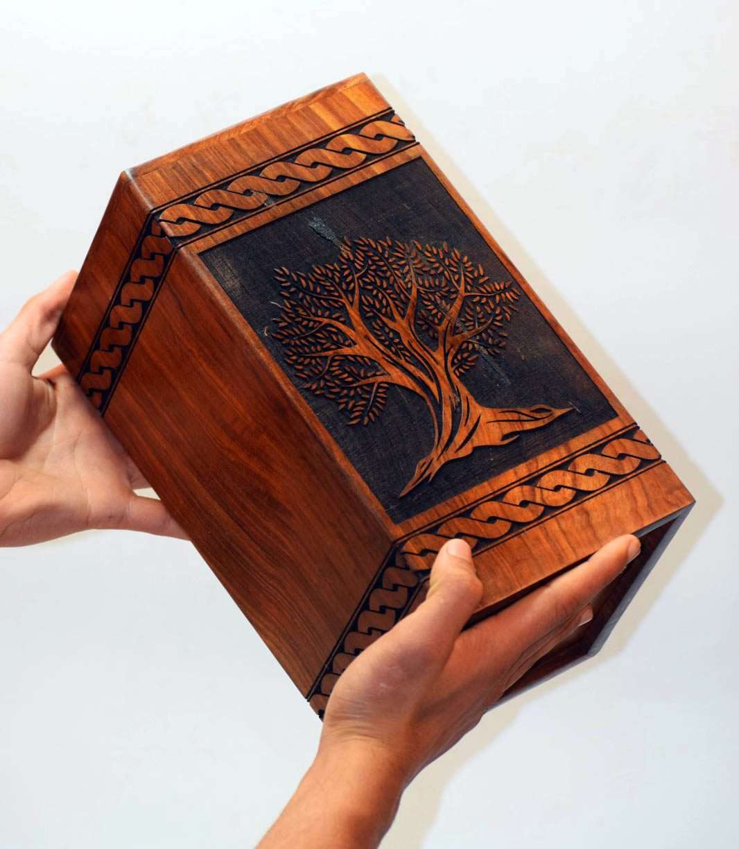 Handcrafted Wooden Urn |  Wooden Urn with Tree of Life Design | NYB-04